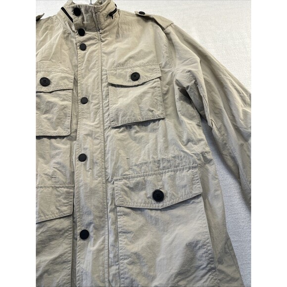 H&M Mens Coat Med Khaki Multi Pocket Button Jacket Hidden Hood Windbreaker *spot - Picture 9 of 15
